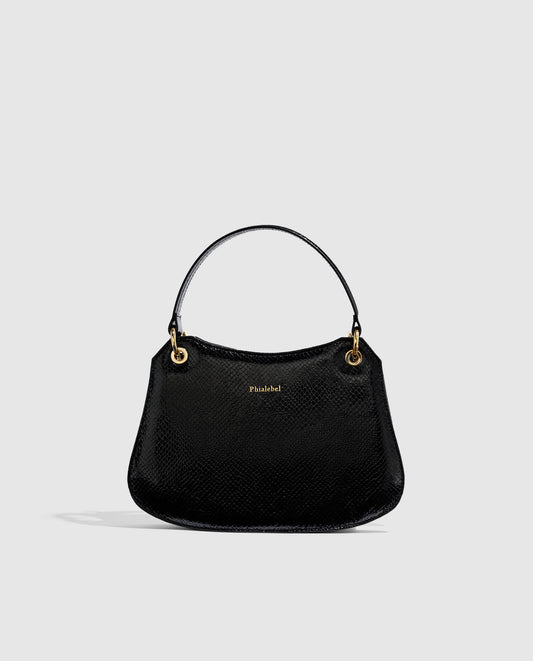 Bolsos de mano  Phialebel con  piel efecto pitón negra. hecho en España