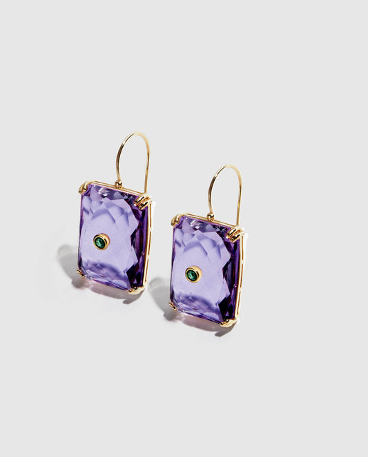 Pendientes colgantes de cristal malva con piedra verde