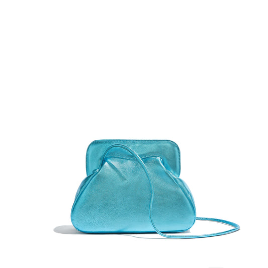 Bolso de piel bandolera metalizado azul Phialebel. Hecho en España
