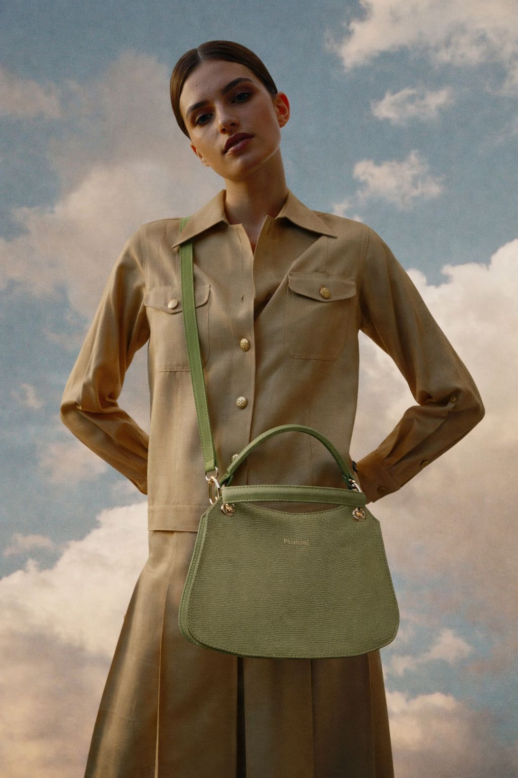 Shoulder bag Olympia in green leather with lizard-effect finish