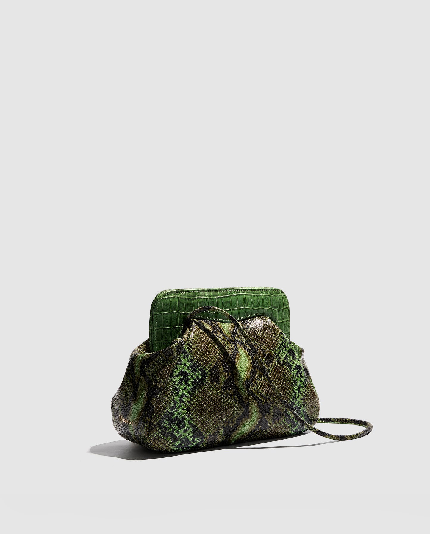 Perfil de bolso verde con efecto piel de serpiente